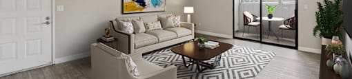 a living room with a couch and a coffee table    and a door