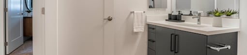 a bathroom with a sink and a mirror and a closet