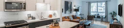 a living room with a kitchen and a dining table