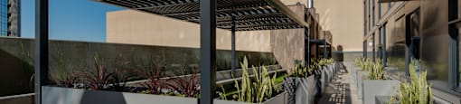 a pergola on a patio in front of a building