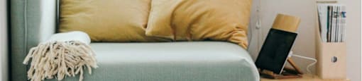 a dog laying on a pillow on a couch in a living room
