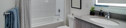 a bathroom with a shower toilet and sink and a mirror