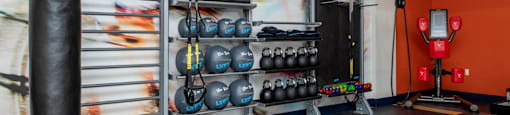 a boxing gym with boxing equipment and a mural on the wall