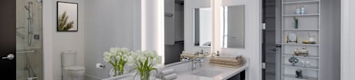 a bathroom with two sinks and a large mirror