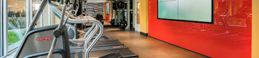 fitness center with cardio equipment and a large window