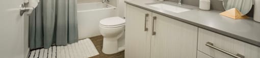 a bathroom with a shower toilet and sink and a mirror