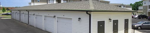 The garages that are available for residents to rent at Peachtree Village apartments in Boiling Springs.