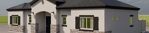 A modern house with a black roof and stone pillars.
