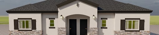 A modern house with a black door and windows.