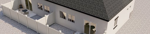 A 3D rendered image of a house with a black roof and white walls.