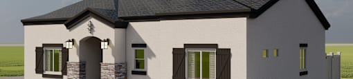 A modern house with a stone pillar at the entrance.