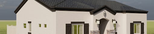 A house with a black roof and white walls with a stone pillar in front.