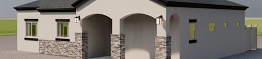 A 3D rendered image of a house with a stone wall and a black roof.