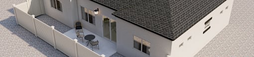 A 3D rendered image of a house with a black roof and white walls.