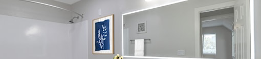 a bathroom with a large mirror and a toilet next to a bathtub at Nobel Court, San Diego, CA