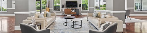 A living room with a grey sofa, a grey armchair and a blue rug.