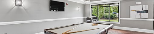 A pool table in a room with a television and a window.