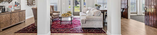 A living room with a rug, a couch, a chair, and a TV.