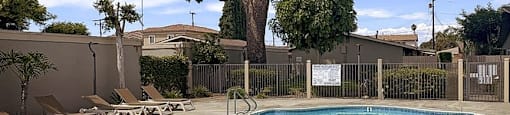 A tree stands behind a pool.