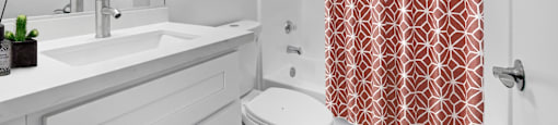 A bathroom with a white sink, toilet, and a red shower curtain.