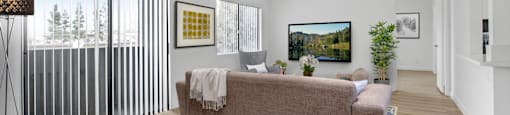 A living room with a couch, a television, and a window with blinds.