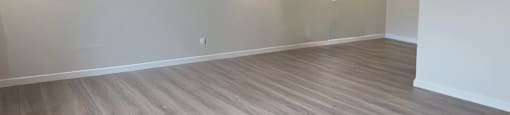 A room with light grey walls and wooden flooring.