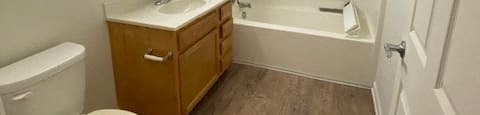 bathroom with toilet, sink, and bathtub with handrails
