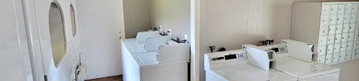 laundry and mail center with coin washers and dryers