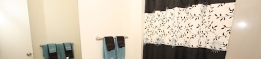 The furnished bathroom has hardwood style flooring, white with tan trim cabinetry under the sink, and a mounted mirror above the sink area. The wall behind the toilet has a towel rack with teal and black hand towels. The shower/tub combo has a black shower curtain with a teal and black floral pattern.