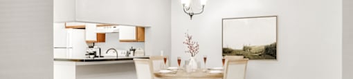 A vacant three-bedroom living room and dining room featuring white walls and white ceilings. The vinyl floor at the entry gives way to a carpeted living room and dining area with a chandelier providing light to the space.