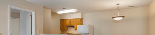 Carpeted Living Room Connected to Breakfast Bar off of Kitchen