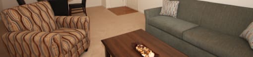 The furnished model home has hardstyle flooring in the entry by the front door with carpet in the living room and dining room. This floorplan is an open. There is a gray upholstered couch, a tan, blue, and red patterned chair, a dark wooden coffee table, a round dining table with 4 chairs and framed artwork hanging on the walls.