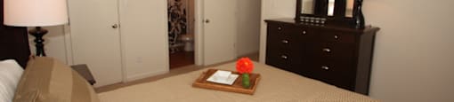 The furnished master bedroom is carpeted throughout with direct access to the bathroom. There is a queen size bed with tan comforter and matching pillows, a large dark wooden dresser with a lamp and mirror, and a matching nightstand with a lamp on top.