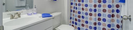 The bathroom has linoleum flooring and is equipped with a mounted mirror, single sink with storage underneath, one toilet and a shower/tub combo. This furnished bathroom has a blue bathmat, blue and white accent towels, and a blue, white, pink and red shower curtain.