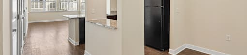 A kitchen with a refrigerator and a counter top.