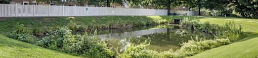 Waterfront View with Trees Behind White Picket Fence