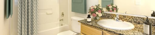 a bathroom with a sink toilet and a shower at Stone Gate Apartments, Spring Lake, NC