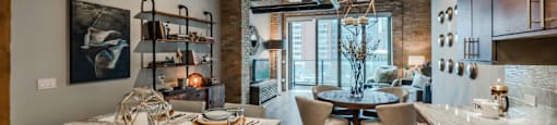a kitchen and dining area in a loft