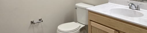 A bathroom with a toilet, sink, and mirror.