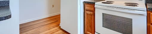 A kitchen with a white refrigerator and white stove.