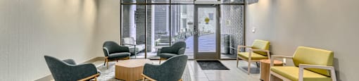A modern waiting area with a mix of black and yellow chairs.