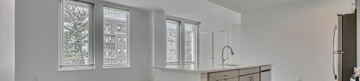 A kitchen area with a countertop and cabinets.