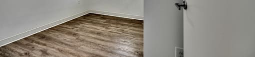 A room with a window and wooden flooring.