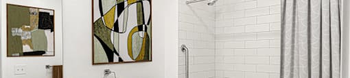 a white bathroom with a shower and a toilet and a sink