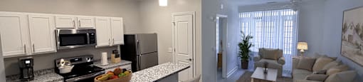 an open living room and kitchen with a granite counter top