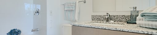 Now leasing senior 1-bedrooms in Baltimore, MD. A white toilet sits in a bathroom with a white tub and a white sink.