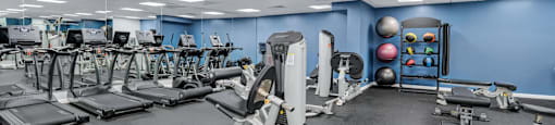 a gym with cardio equipment and weights on the floor and a blue wall