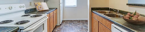 A kitchen with a white stove top oven and white refrigerator.
