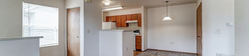 A spacious living room with a carpeted floor and a kitchen area in the background.