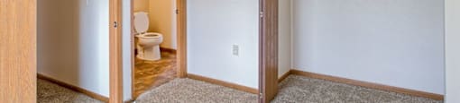 a bedroom with a toilet and a closet